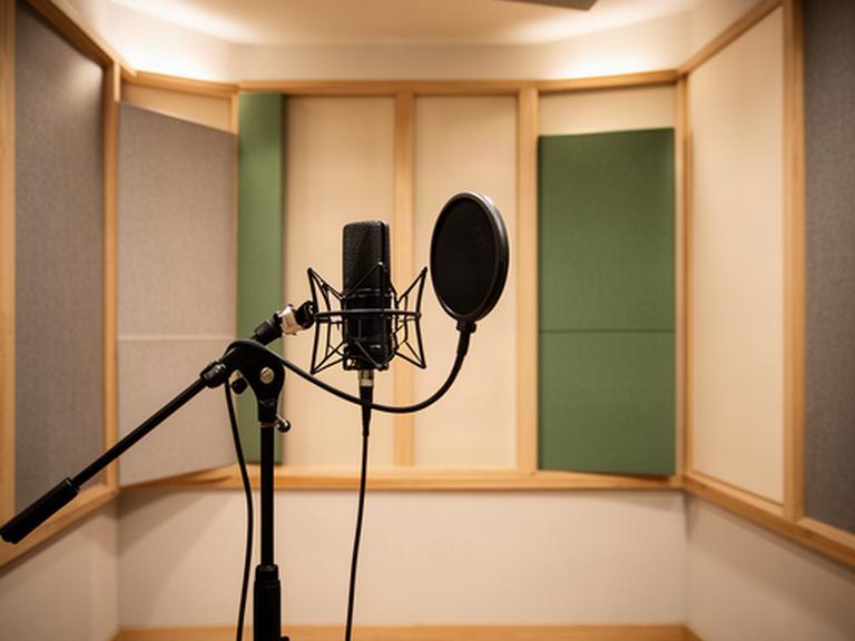 吸音材を備えた録音ブースとマイク、落ち着いて演奏に集中できる室内