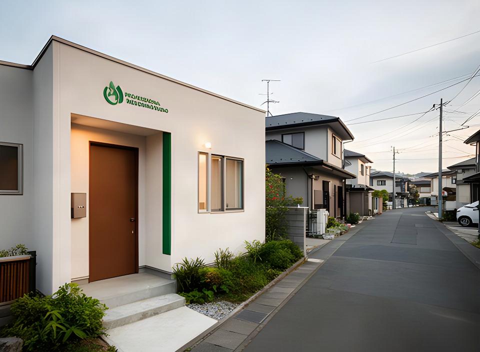 青森市松尾にある録音スタジオの入口と、落ち着いた住宅街に面した建物の外観