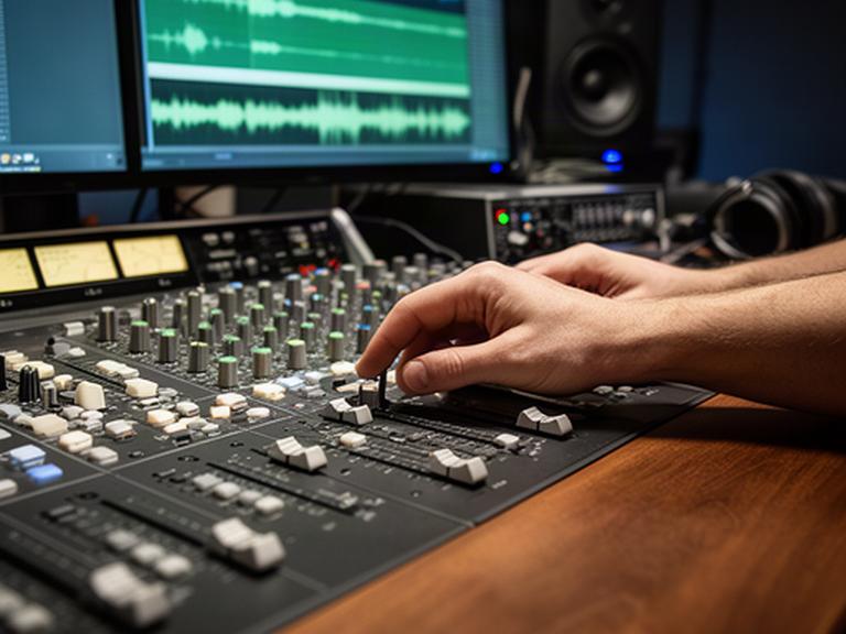 音声編集卓で波形とミキサーを確認しながら企業向け収録素材を編集する手元