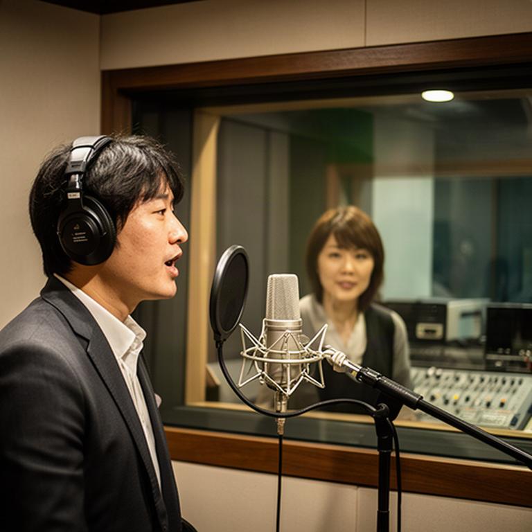 収録ブースでナレーターがマイクに向かい、担当者がガラス越しに音声を確認する様子