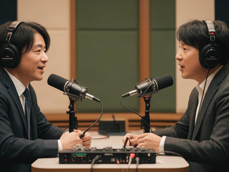 企業ポッドキャストの収録で、話し手二人がマイクとヘッドホンを使うスタジオ風景