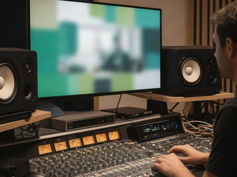 観光施設の紹介映像に使う音声を調整するスタジオの作業卓と大型モニター