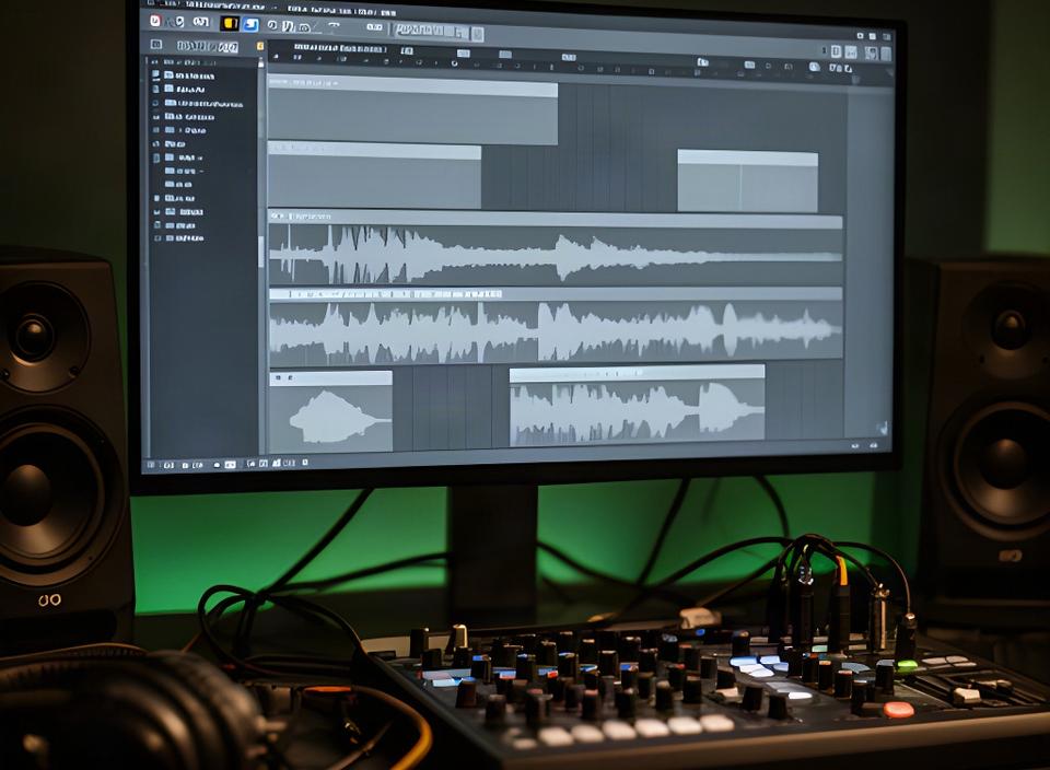 録音した楽器の波形と複数のトラックを表示した音楽制作ソフトの作業画面