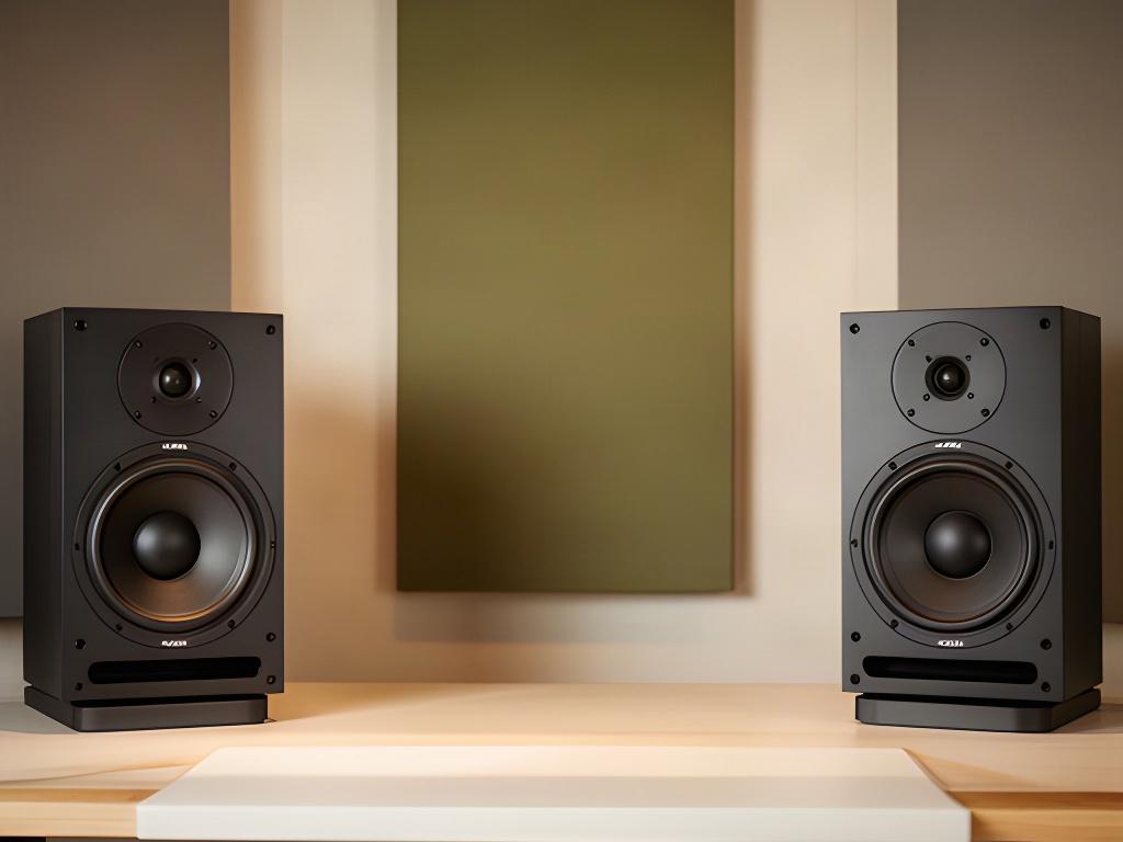 音の定位や低域を確認するスタジオのモニタースピーカーと落ち着いた作業環境