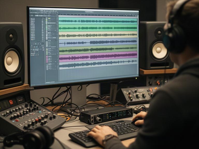 音声編集画面に表示された波形と複数トラック、スタジオモニターで素材の音質を確認する作業風景