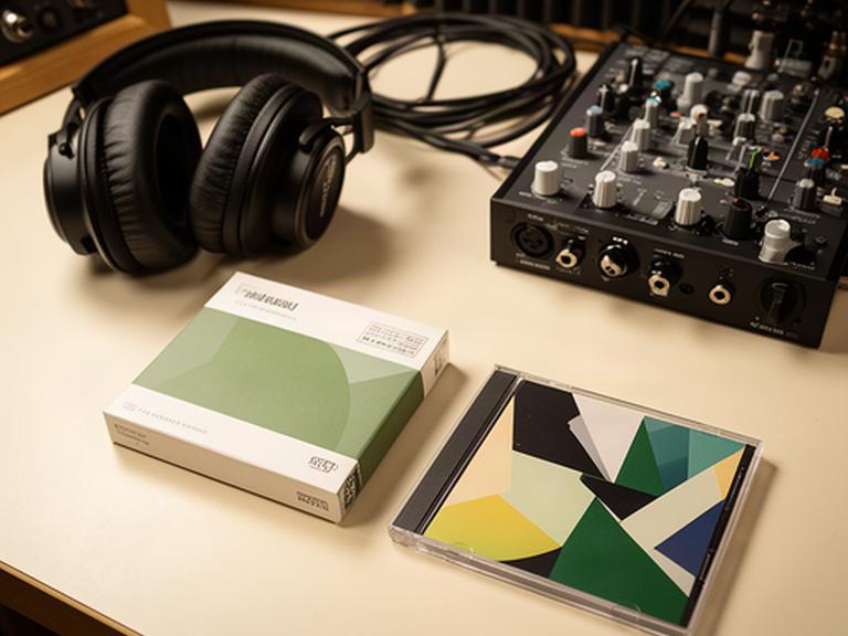 録音スタジオの机に置かれた配信シングルとバンドCDのジャケット、そばにヘッドホンとミックス用機材