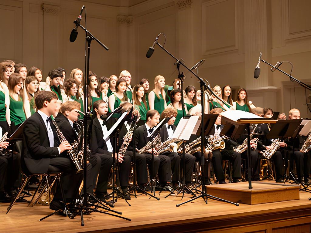 学校の音楽団体がホールで合唱と管楽器を演奏し、複数のマイクで収録している様子