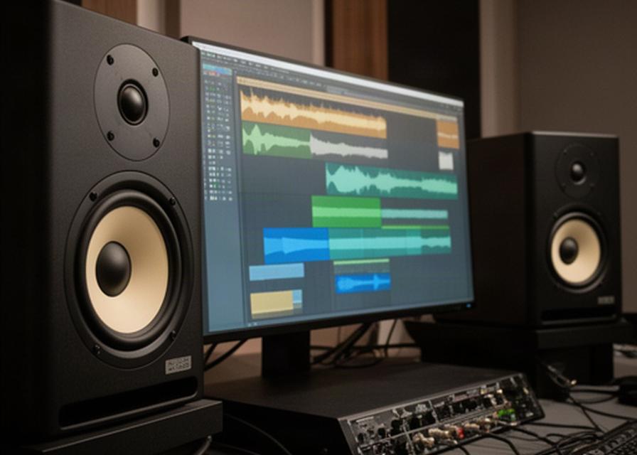 モニターに表示された音声波形とミックス画面、手前に置かれたスタジオモニター