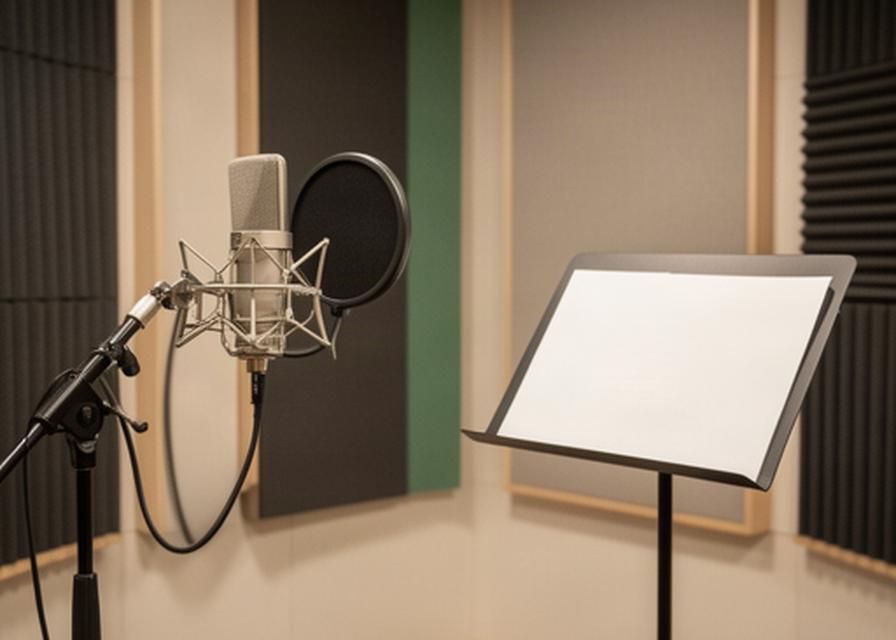 吸音材を備えた収録ブースのマイクと譜面台、ナレーション収録に整えた室内
