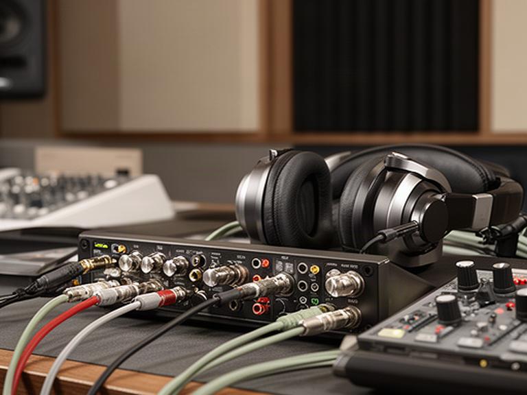 録音室のオーディオインターフェースとヘッドホン、納品形式の確認に使う制作機材
