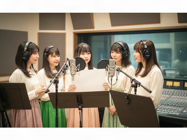 複数人のアイドルグループがパートごとに順番を確認しながらスタジオで歌を録音